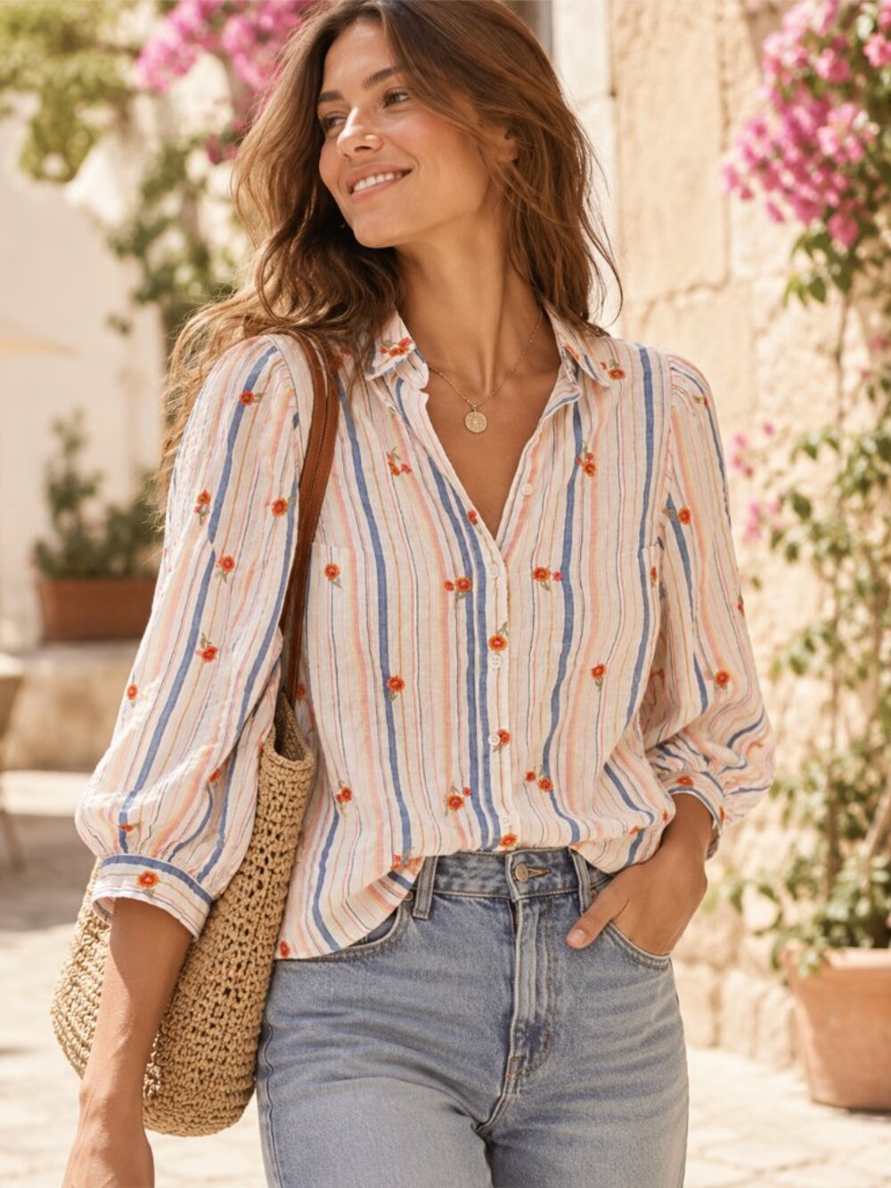 Pilcro Bella Femme Anthropologie Striped Embroidered Lace Button Down Shirt M
